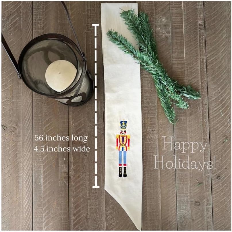 Nutcracker Linen Wreath Sash - Embroidered Christmas Decoration for Front Door | 56" L x 4.5" W