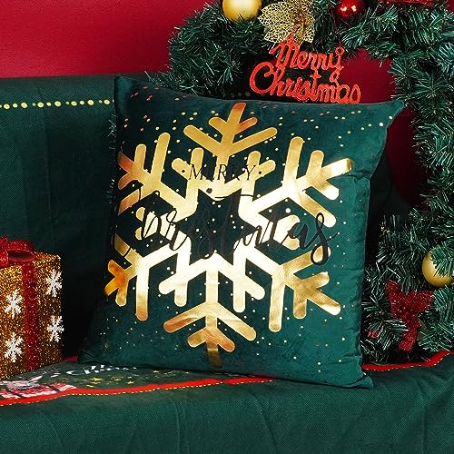 ONWAY Green Christmas Decorations Gold Throw Pillow Covers 18x18 Set of 4 Snowflakes Reindeer Decorative Cushion Cases Xmas Golden Decor for Couch Sofa Bedroom