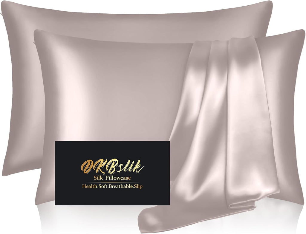 Mulberry Silk Pillowcase Set by Skiennix - Queen Size, Anti-Acne & Hair-Friendly, Taupe | 2 Pack with Zipper