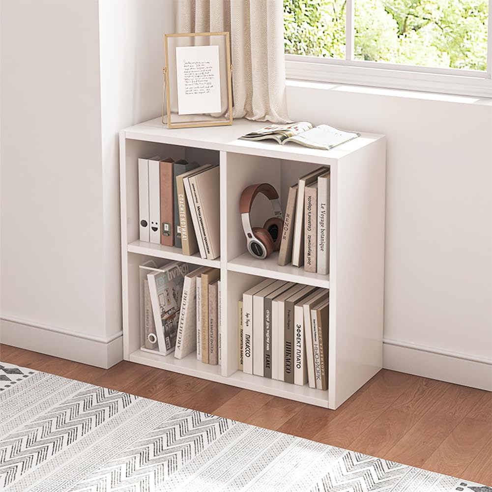 NELY 4 Cube Organizer Bookcase - Stylish Fabric Storage Bins & Open Shelves, White Finish
