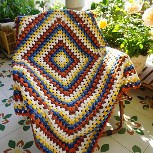 CZQLWW Handmade Crochet Granny Square Throw Blanket - Boho Multicolor Quilt, 43x43 inches, Sweater Style - Variation B