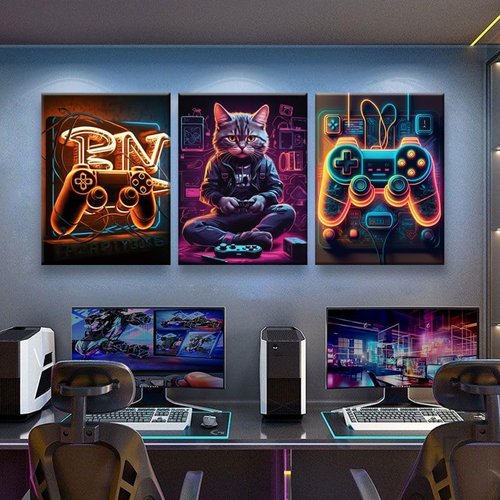 Eysintum Gaming Wall Art - Retro Video Game Controller & Cat Canvas Prints | 12x16in Set of 3 for Boys' Room