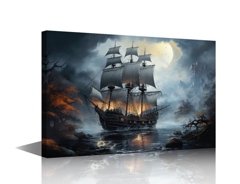 TUMOVO Sailboat Nautical Modern Wall Art Sea Landscape Picture Contemporary Artwork Pirate Ship in the Sea Print On Canvas Bedroom Wall Art Pictures for Living Room Framed Ready to Hang 36x24 in
