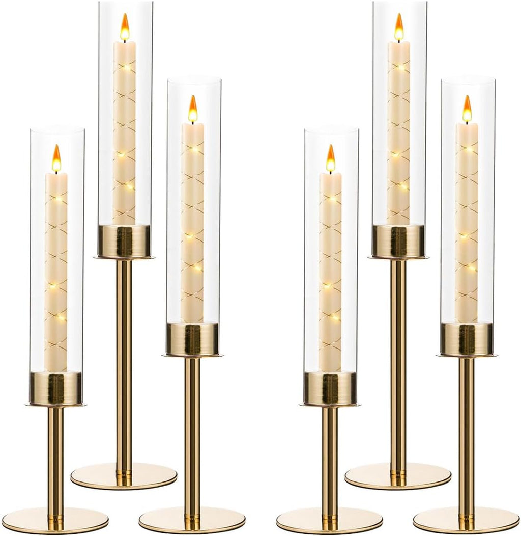 VINCIGANT 6-Piece Acrylic Candle Holder Set - Elegant Metal Tall Holders with Acrylic Lampshade for Weddings & Parties | Gold