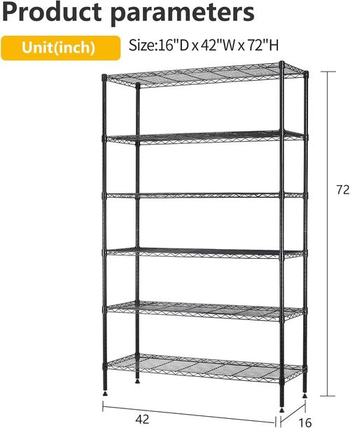 BestOffice | Heavy-Duty 6-Tier Wire Storage Shelves | Adjustable Racks | 42x16x72 | Black | Easy No-Tool Assembly