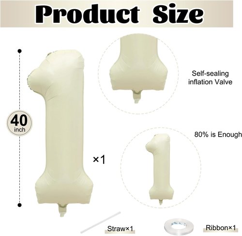 Beige 40-Inch Number 1 Balloon by [Brand Name] - Large Cream White Foil for First Birthday Decorations