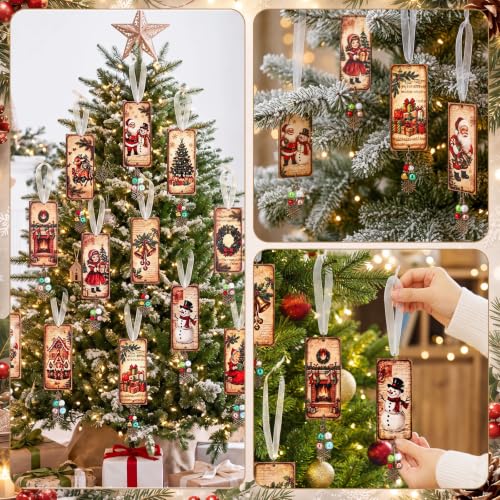 Kigeli 12-Pack Vintage Wooden Christmas Ornaments - Double-Sided Rustic Snowman, Santa, Reindeer & More