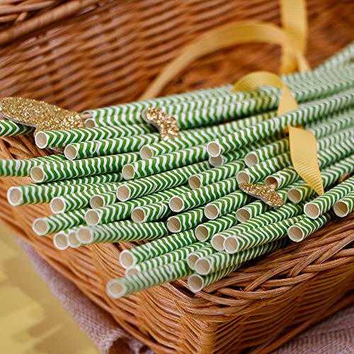 Webake Green Chevron Paper Straws 100ct 7.75in Biodegradable, Disposable, Wave Pattern