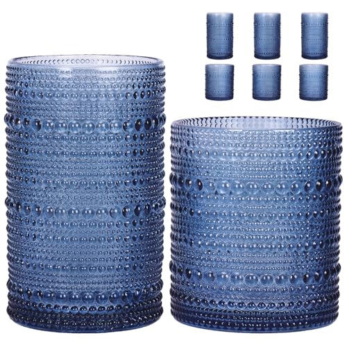 Moretoes Blue Hobnail Drinking Glasses Set of 6, 10oz & 12oz Vintage Glass Cups