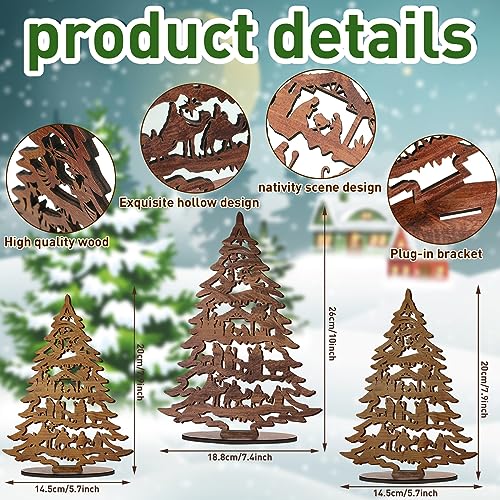 3-Piece Wooden Nativity Scene Tree Set - Rustic Tabletop Holiday Decor
