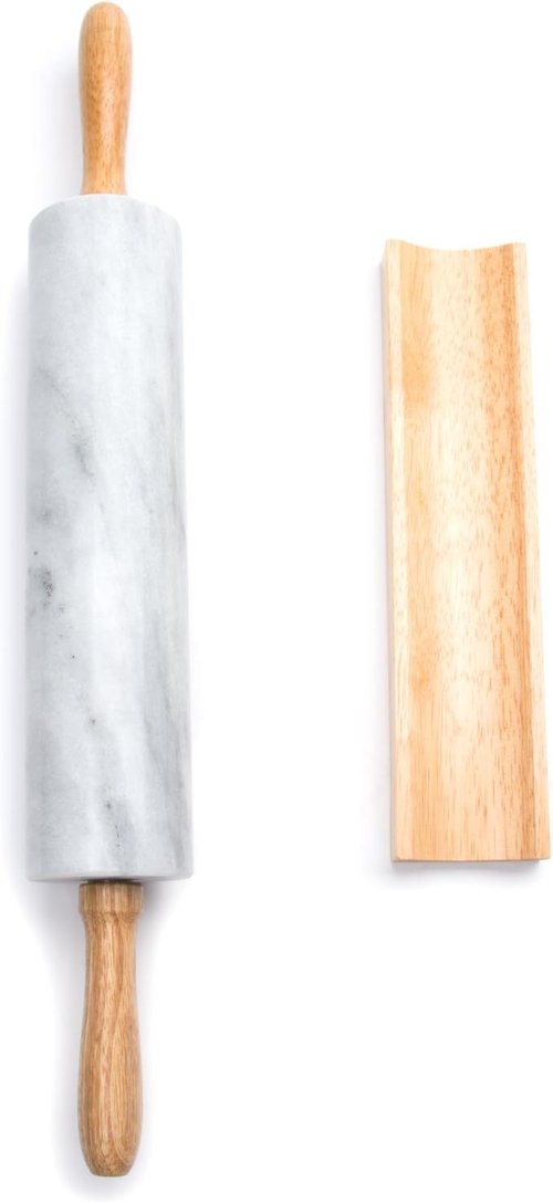 Fox Run Polished Marble Rolling Pin - 10-Inch Barrel with Wooden Cradle | Elegant White Design