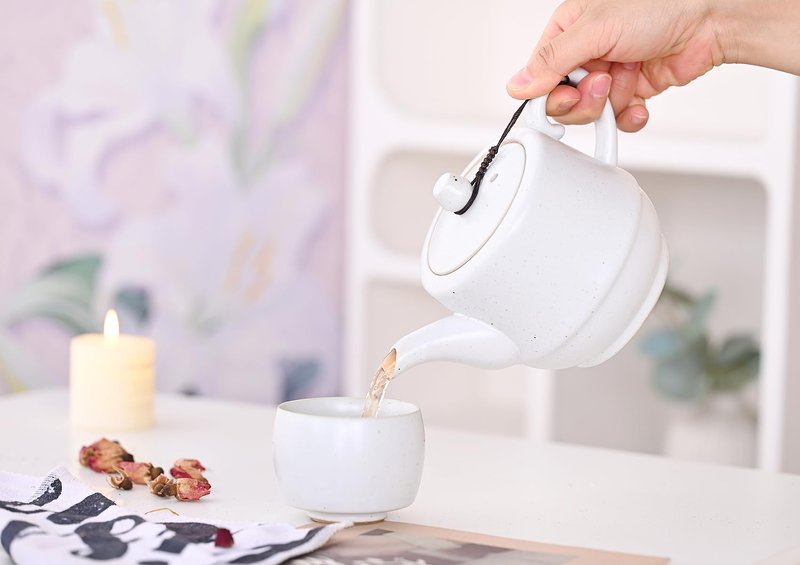 NCQIXIAO Rural Style Ceramic Teapot with Stainless Steel Infuser 16 Ounces Porcelain Blooming & Loose Leaf Teapot (White)