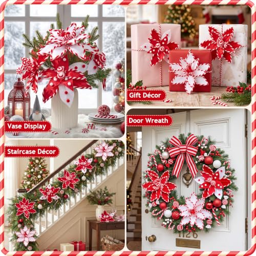 Alecono Red Candy Cane Poinsettia Picks 6 Pack - Artificial Christmas Flowers