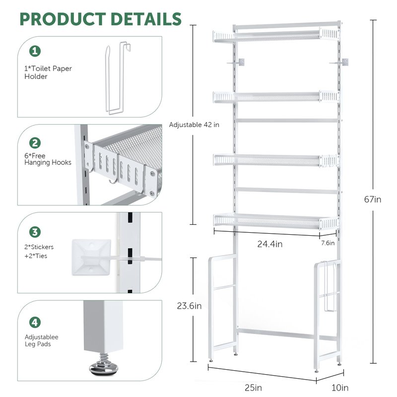 Tokokimo Over The Toilet Storage Shelf，4 Tier Over Toilet Bathroom Organizer with Adjustable Shelf Waterproof Feet Pad and Basket, Freestanding Bathroom Shelves Above Toilet Space Saver, White