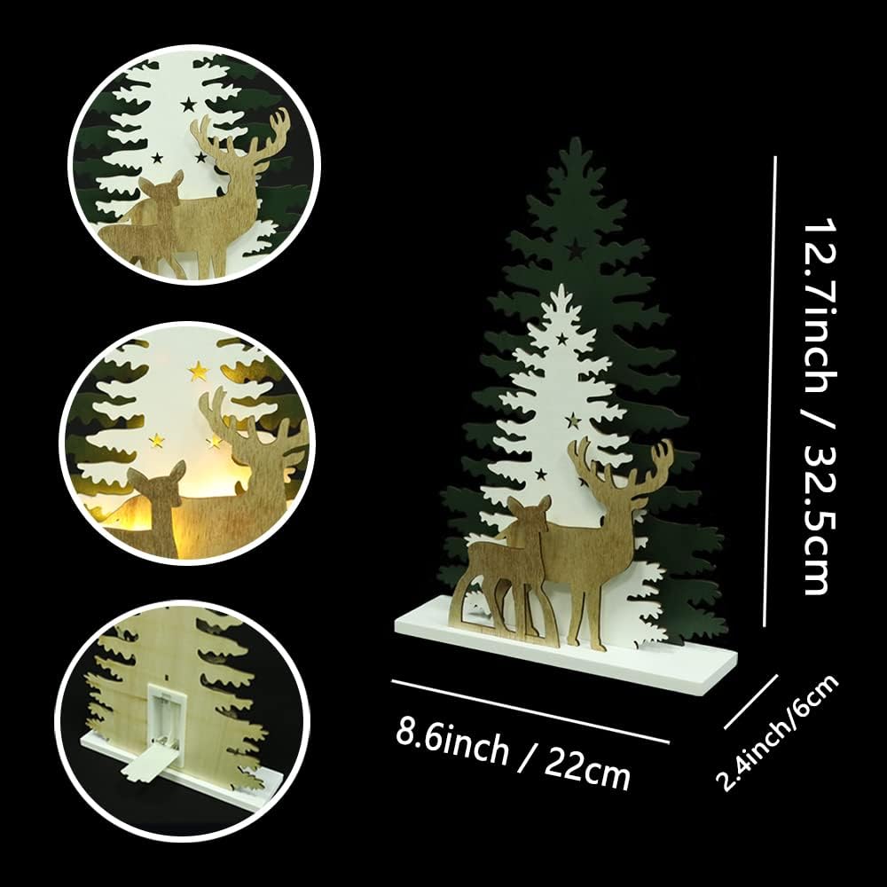 Supergorea Lighted Christmas Tabletop Decorations - Wooden Tree & Deer Decor | LED Battery-Powered, 12.7 Inch