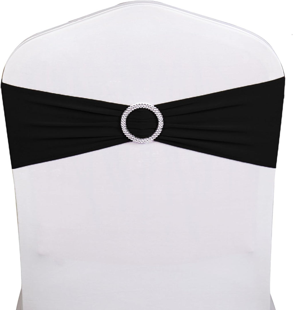 Skiennix 50-Pack Black Spandex Chair Sashes - Elegant Buckle Design for Weddings & Events