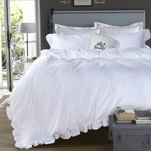 Queen's House White Ruffle Twin Duvet Cover, Washed Cotton Shabby Boho Chic Farmhouse Bedding Comforter Cover 3 Pieces Kids Duvet Quilt Cover Twin Ultra Soft Aesthetic Cute Girls Teen Bedding