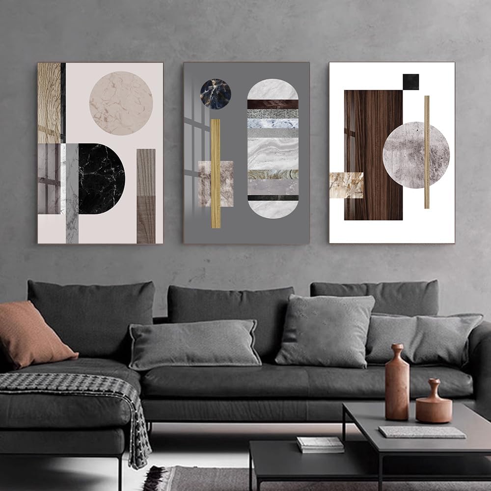 QKF Large Geometry Wall Art - Modern Abstract Canvas Paintings for Living Room | 3 Panels, 16” x 24”