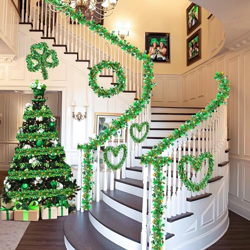 33ft St. Patrick's Day Shamrock Tinsel Garland - Green & Gold Decor