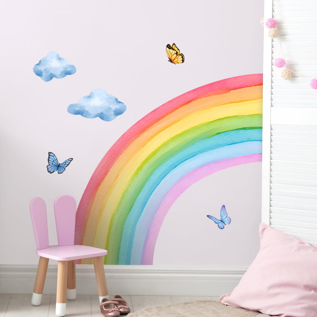 Supzone Large Rainbow Cloud Butterfly Wall Stickers Toddlers Girl Bedroom Wall Decals DIY Vinyl Mural Art for Baby Nursery Bedroom Playroom Home Decoration