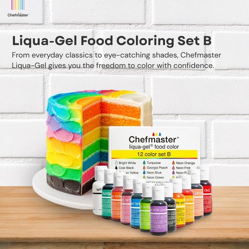 Chefmaster - Liqua-Gel Food Coloring - 12 Vibrant Colors - Fade-Resistant & Easy-To-Blend Formula