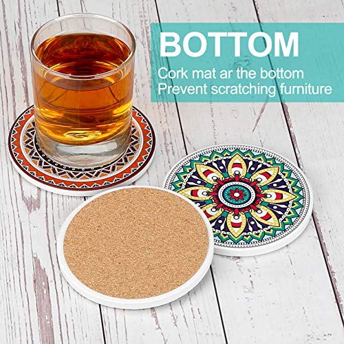 AODINI Mandala Drink Coasters Set of 8 with Cork Base - Absorbent Ceramic Table Decor