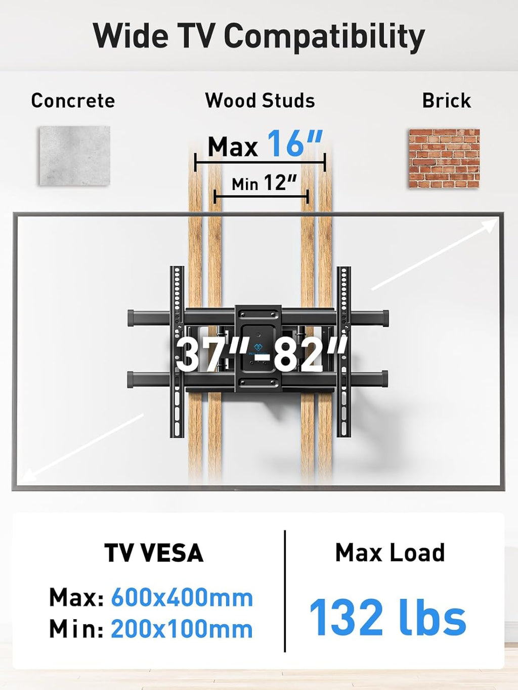 Perlesmith Full Motion TV Wall Mount - Fits 37-82 Inch TVs Up to 132 lbs | Dual Articulating Arms & Tilt