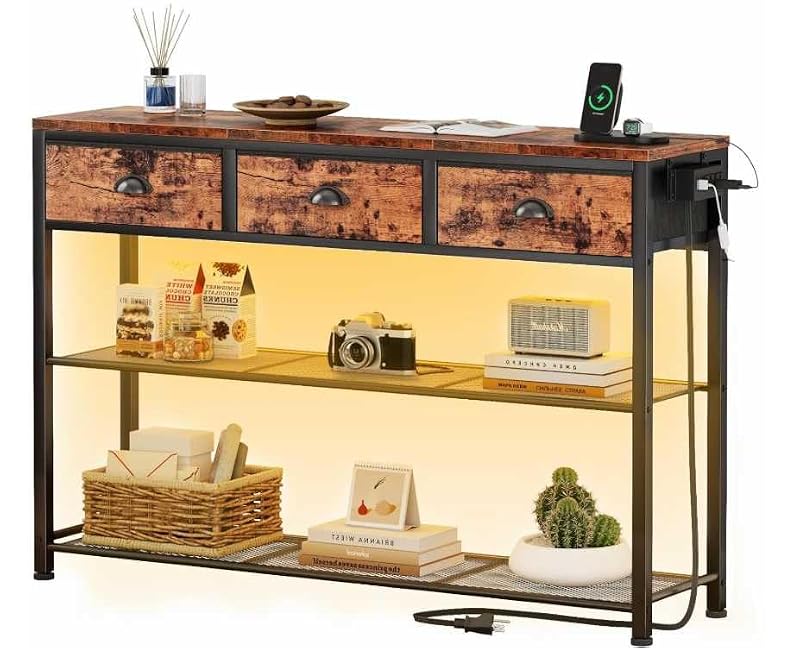 Console Table with Charging Station, LED Lighting, and 3 Fabric Drawers