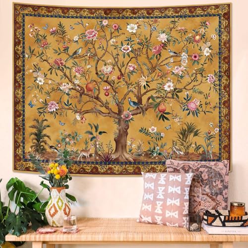 Boho Tree of Life Tapestry - Vintage Floral & Bird Aesthetic Wall Hanging