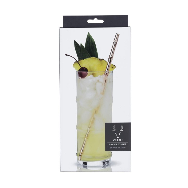 Viski Stainless Steel Cocktail Straws - Reusable Copper Bamboo Tiki Straws- Eco-Friendly Bamboo Finish Metal Drinking Sipper 9.5 Inch, Set of 4