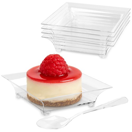 Qeirudu 100 Pack 1 oz Mini Dessert Plates - Small Plastic Appetizer Plates with Spoons Reusable Square Individual Serving Trays for Hors D'oeuvres