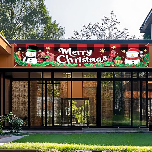 IVN Merry Christmas Snowman Plaid Banner 118 x 20 Inch - Snowman Plaid Variant