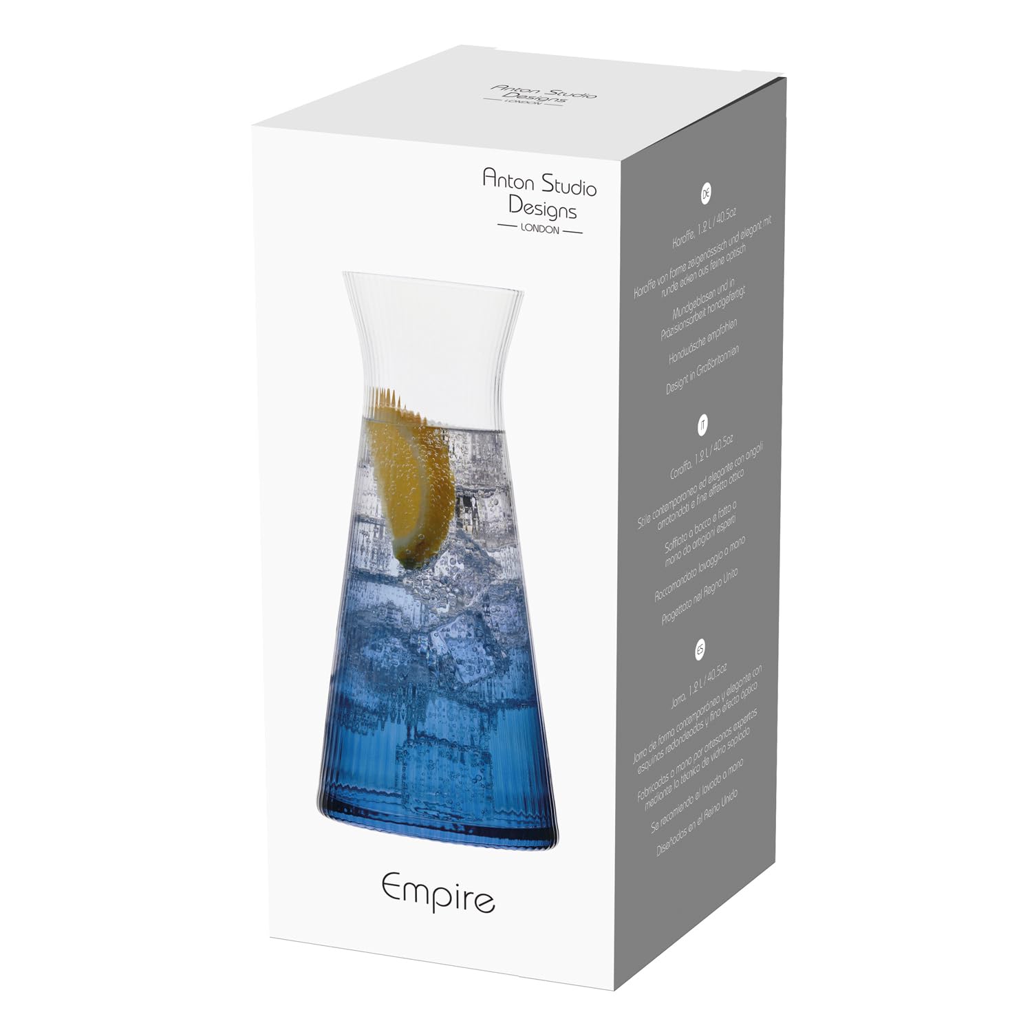 Anton Studio Designs Empire Handmade Water Carafe for Serving Water, Juice, and Beverages - 40.5 oz - Blue
