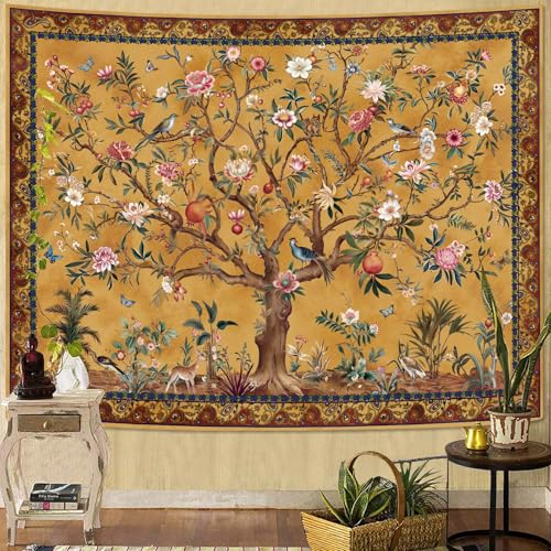 Boho Tree of Life Tapestry - Vintage Floral & Bird Aesthetic Wall Hanging