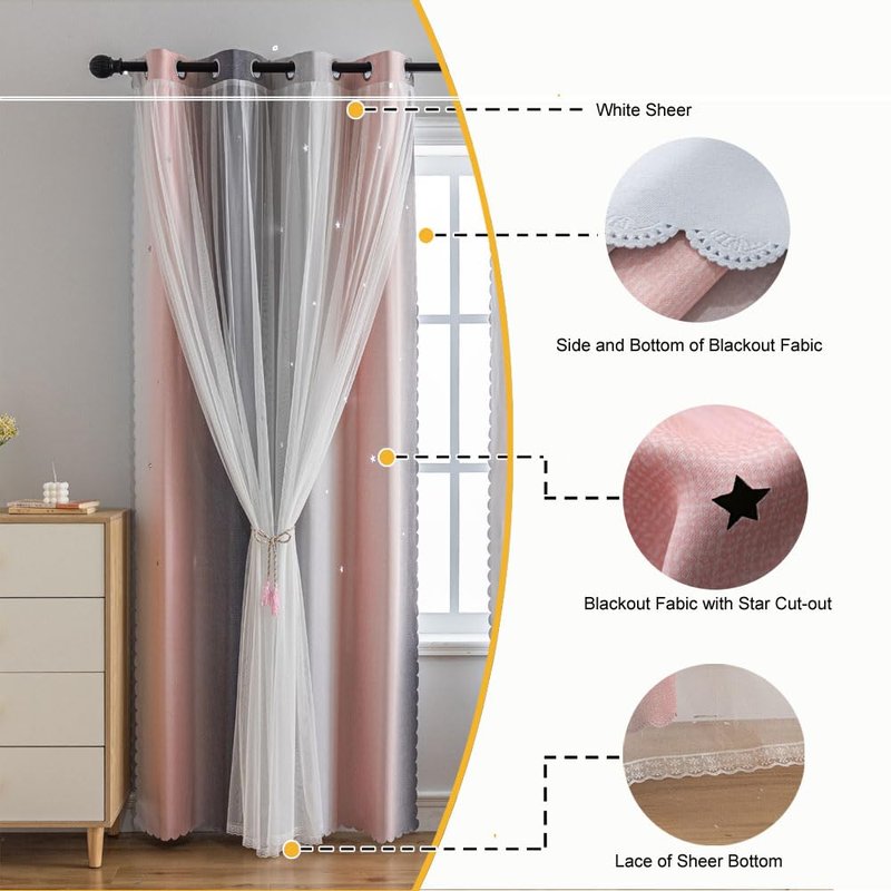 conokata Star Girl and Kids Curtains for Bedroom Rainbow Ombre Double Layer Cute Shot Nursery Darkening Grommet Princess Room Décor 2 Panels Living Room Window Curtain (Pink-Grey, 52W x 84L)