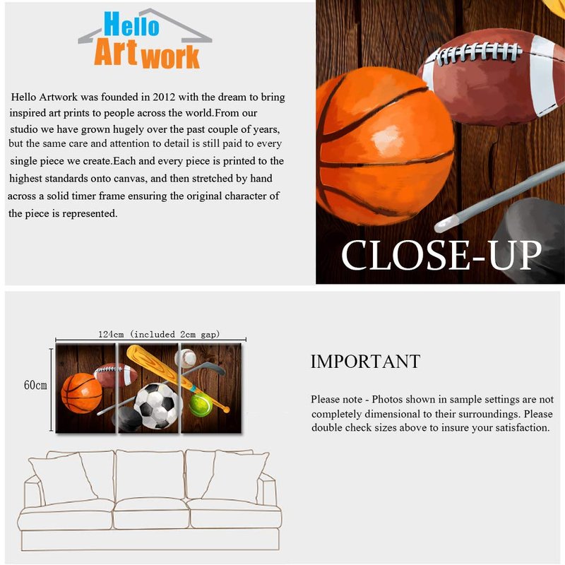 iHAPPYWALL 3 Pieces Vintage Sports Canvas Wall Art Basketball Football Baseball Soccer Hockey Balls Picture Prints for Living Room Bedroom Office Ready To Hang 16x24inchx3pcs