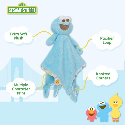 Kids Preferred Sesame Street Cookie Monster Blanky Made of Soft Material with Knotted Corners and Pacifer Loop for Babies and Infants