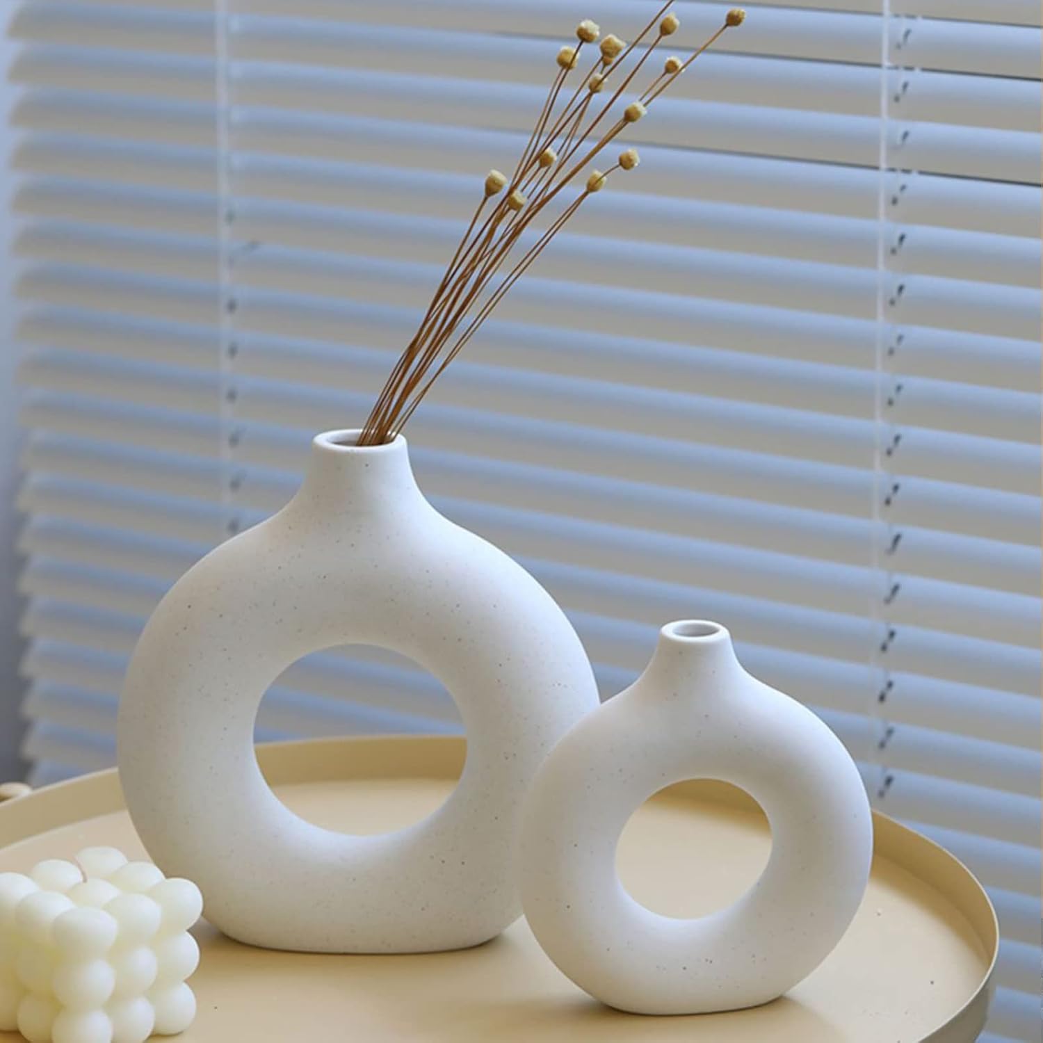 Skiennix White Ceramic Vases - Modern Circle Pampas Grass Decor | Set of 2 for Minimalist Home & Office