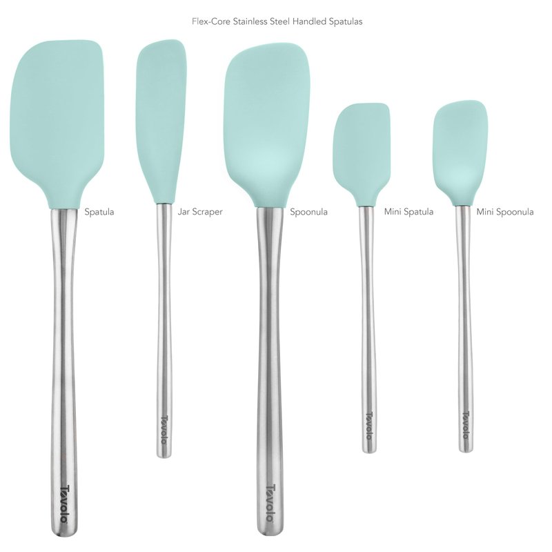 Tovolo Stainless Steel Handled Silicone Spatula Set of 5, Dishwasher Safe Kitchen Spatula Set for Cooking Baking, BPA Free Silicone Spatula set with Metal Steel Handle, Aqua Seafoam Green