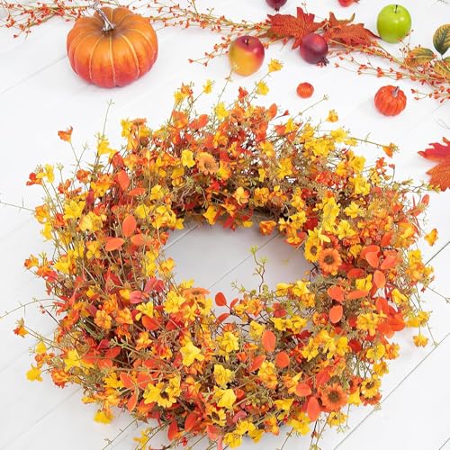 22-Inch Boho Farmhouse Fall Wreath with Wildflowers for Front Door