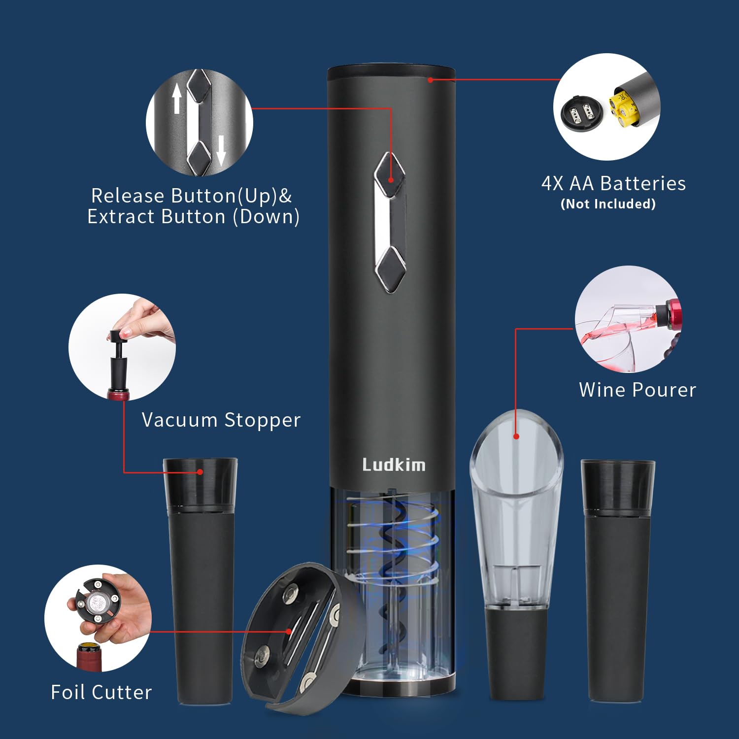 5-in-1 Electric Wine Opener Set with Foil Cutter | Automatic Corkscrew Kit Includes Wine Aerator Pourer & 2 Vacuum Stoppers | Ultimate Cordless Wine Bottle Opener Gift Set