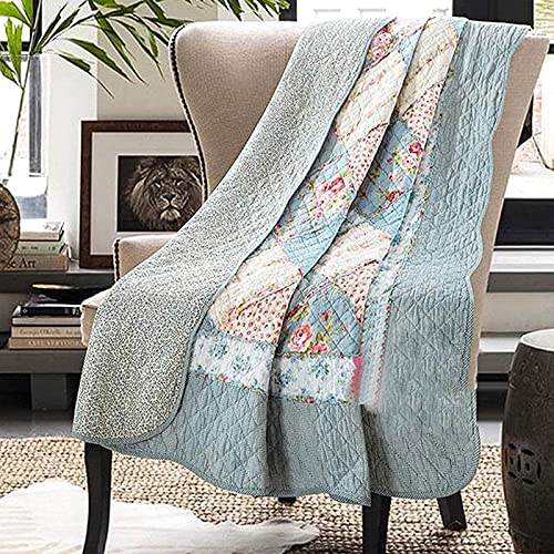 Twin Size Reversible Cotton Quilt - Blue Floral Patchwork Throw Blanket