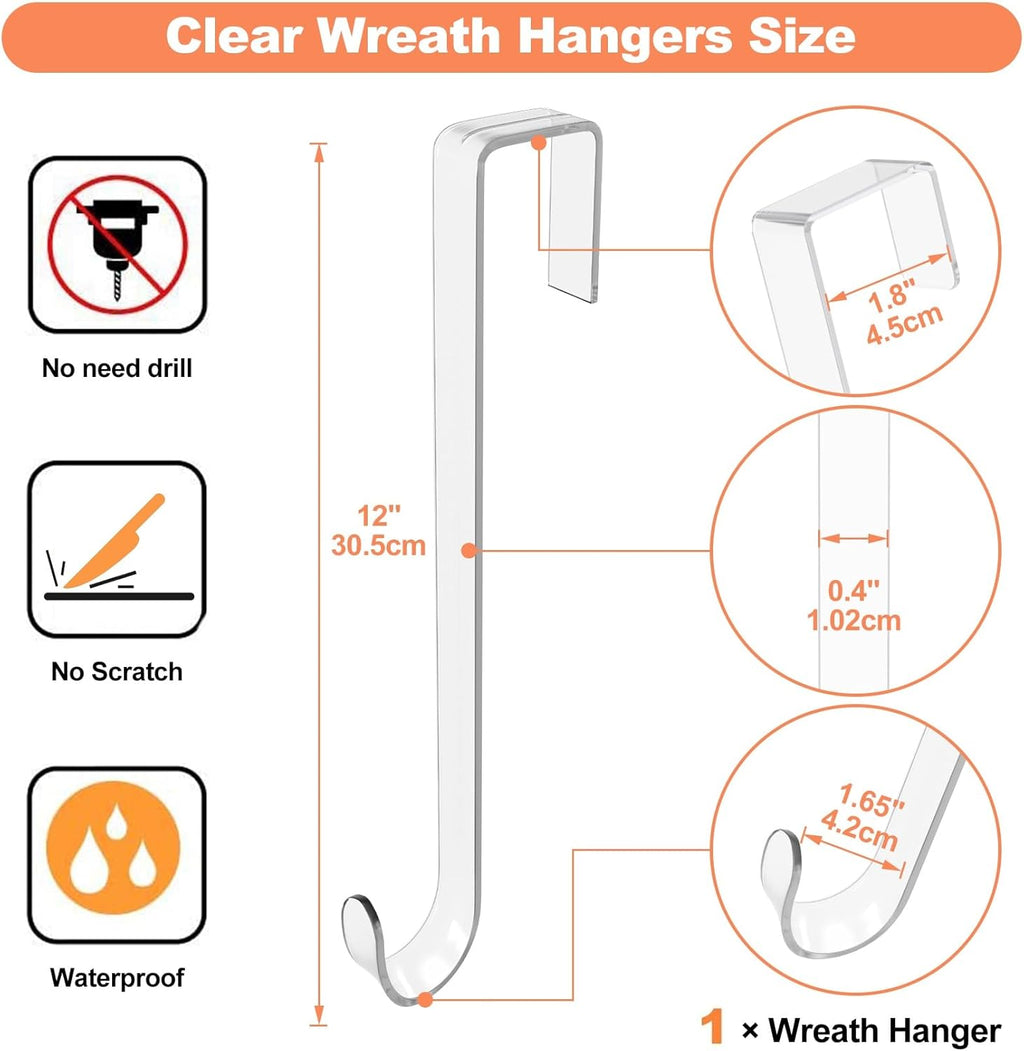 Skiennix 12" Clear Wreath Hanger - Non-Scratch Over The Door Hook for Slim Decoration Organizer