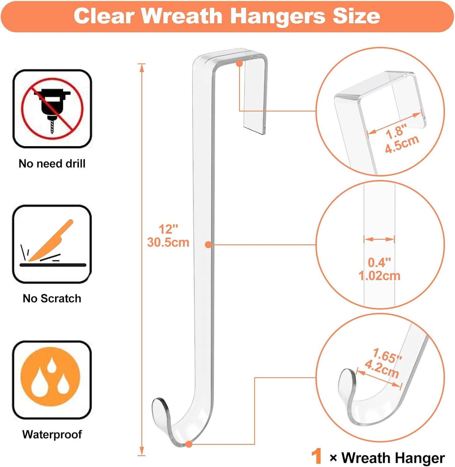 Skiennix 12" Clear Wreath Hanger - Non-Scratch Over The Door Hook for Slim Decoration Organizer