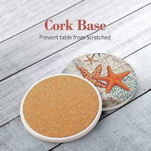 Teivio Ceramic Absorbing Coasters Set of 8 with Cork Base & Holder - Coastal Beach Decor