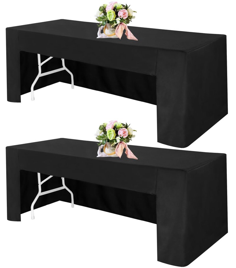 2 Pack Open Back Fitted Rectangle Tablecloths 96 x 30 Inch, Black Table Clothes for 8 Foot Tables, Washable Polyester Fitted Table Cover for Parties, Wedding, Banquet, Trade Show (Black, 8FT)