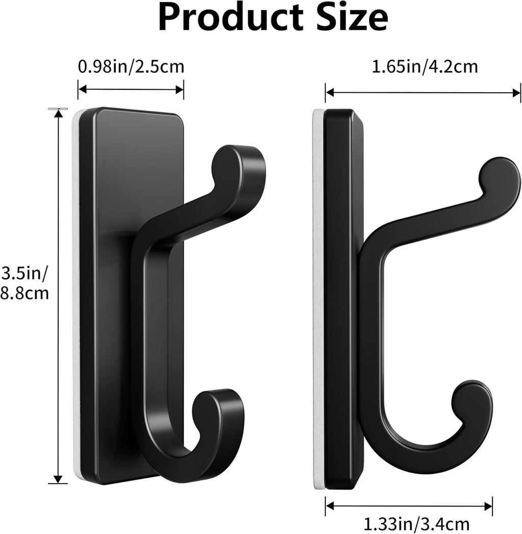 Self Adhesive Wall Hooks - Black Sticky Hangers | Holds 13Lbs for Clothes, Towels & Keys - 4 Pack