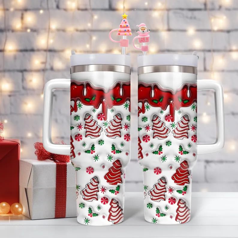 Coio 8Pcs Pink Christmas Straw Toppers for Stanley 30/40 oz Cups - 10mm Silicone Santa 3D Cap Lids (Variation: color 2)