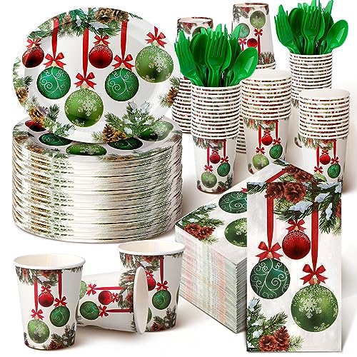 Umigy Christmas Oval Paper Plate and Napkin Set - Green & Greenery, 350 pcs