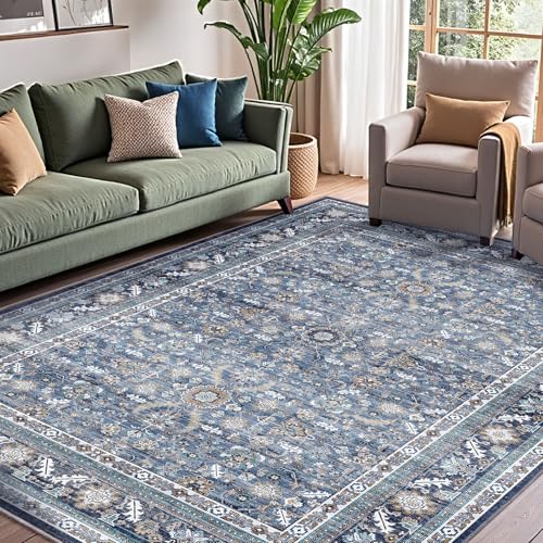 Vintage Blue 5x7 Area Rug, Machine Washable Faux Cashmere Low-Pile Carpet